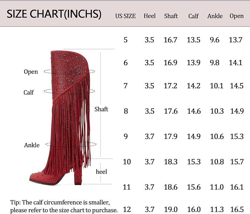Ouepiano Women's Fringe Rhinestone Cowboy Boots Western Cowgirl Pointed Toe Block High Heel Zipper Knee High Boots for Girl,Party,Dating from Amazon Size Chart