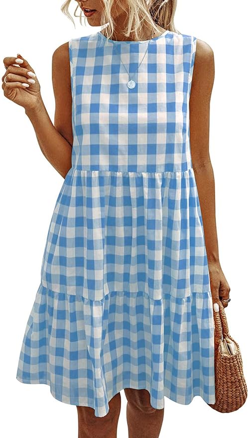 PRETTYGARDEN Women’s Casual Plaid Sleeveless Ruffle Sundress Round Neck A-Line Pleated Mini Short T Shirt Dress with Pockets from Amazon