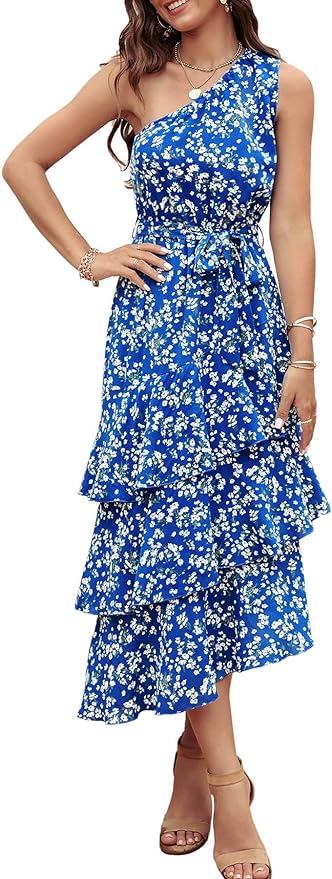 PRETTYGARDEN Women's Summer Floral Sundress Casual One Shoulder Tiered Ruffle Flowy Midi Beach Boho Dresses Amazon