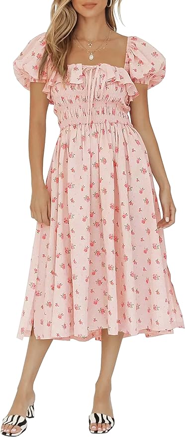 R.Vivimos Womens Summer Floral Print Puff Sleeves Vintage Ruffles Midi Dress Amazon