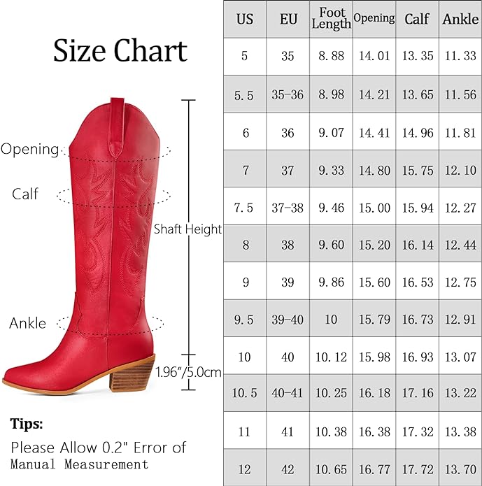 Red Ouepiano Women's Knee High Riding Boots Round Toe Side Zipper Metal Buckle Fashion Winter Boots from Amazon Size Chart