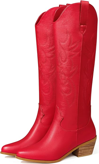 Red-Ouepiano-Womens-Knee-High-Riding-Boots-Round-Toe-Side-Zipper-Metal-Buckle-Fashion-Winter-Boots-from-Amazon