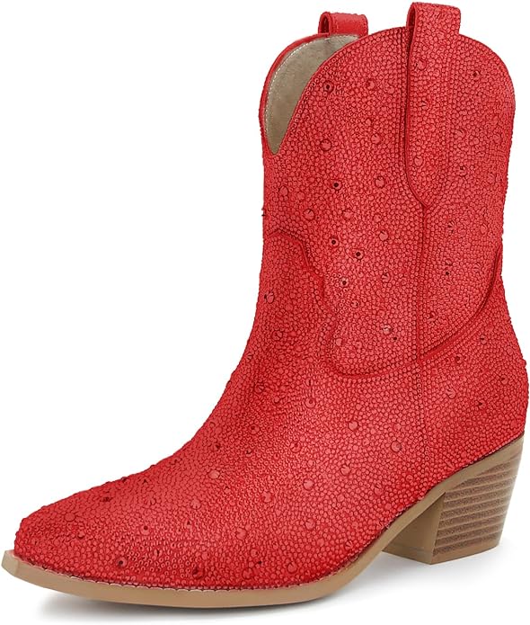 STALOV Cowgirl Boots Stitched Ankle Boots for Women, Pointed Toe Low Chunky Heel Embroidered Western Cowboy Boots from Amazon