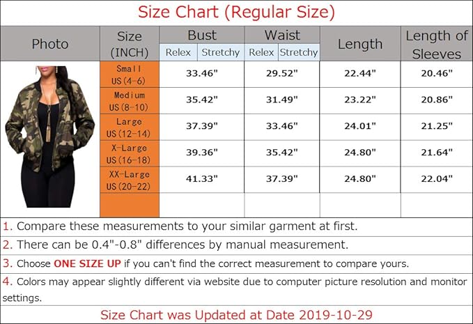 SheKiss Womens Camouflage Shacket Jacket Coats Fashion Fall Long Sleeve Zipper Canvas Camo Jackets with Pockets from Amazon Size Chart