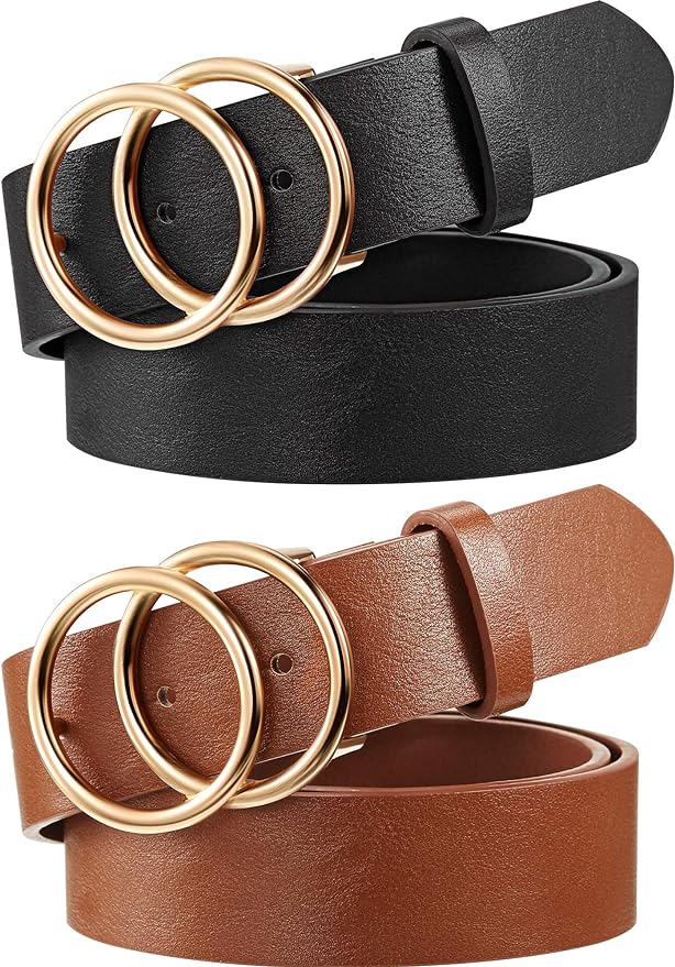 Syhood 2 Pack Women's Leather Belts for Jeans Dresses Fashion Ladies Belt with Gold Double Ring Buckle Brown Black Amazon