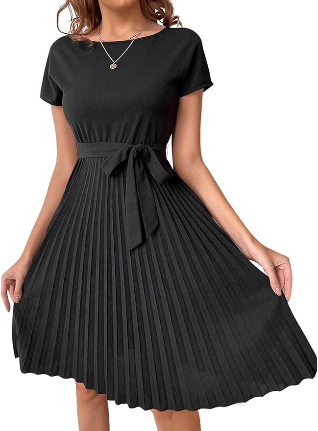 Verdusa Women’s Elegant Pleated Short Sleeve High Waist Belted A Line Short Dress from Amazon