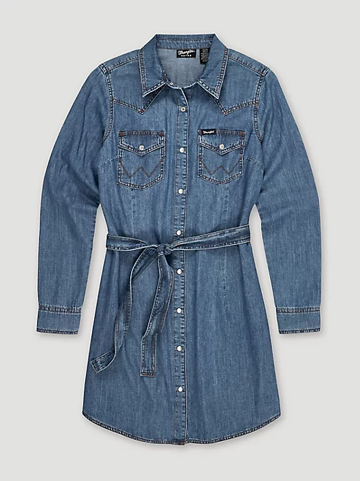 WOMEN’S LONG SLEEVE WESTERN SNAP DENIM DRESS IN MID DENIM from Wrangler.com