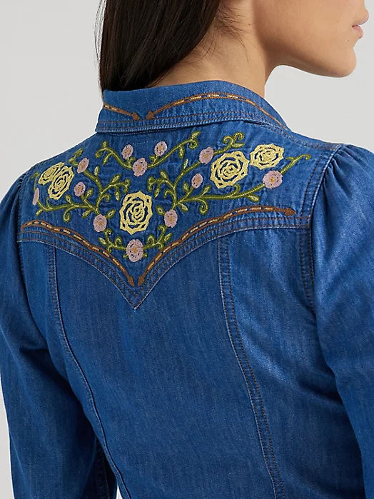 WRANGLER® X YELLOW ROSE BY KENDRA SCOTT EMBROIDERED DRESS IN MEDIUM WASH Back from Wrangler.com
