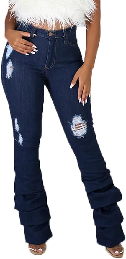Women’s Elastic Ripped Hole Classic Denim Bell Bottom Jeans from Amazon