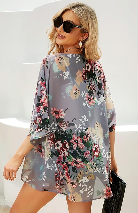 Women's Floral Print Puff Sleeve Kimono Cardigan Loose Cover Up Casual Blouse Tops back side from Amazon