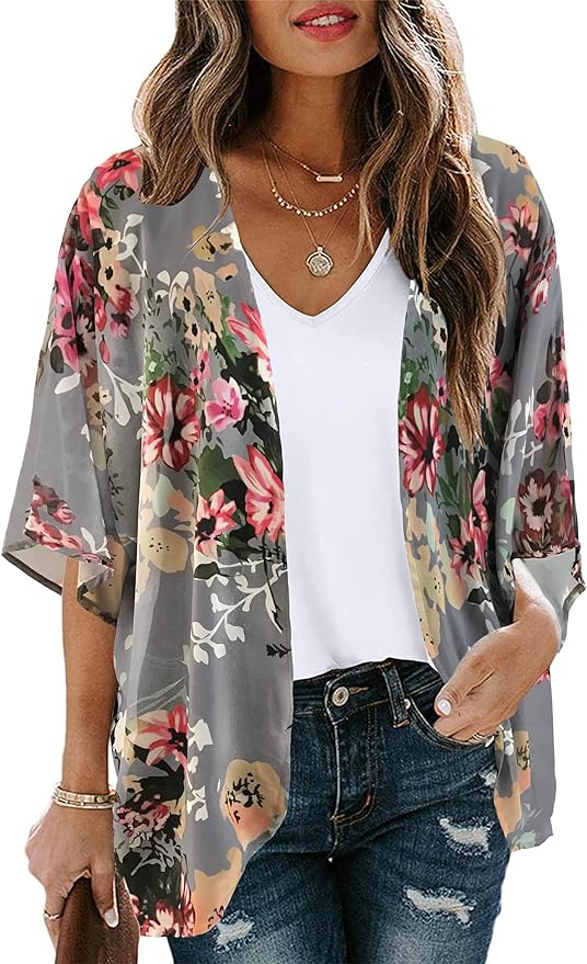 Women's Floral Print Puff Sleeve Kimono Cardigan Loose Cover Up Casual Blouse Tops front from Amazon