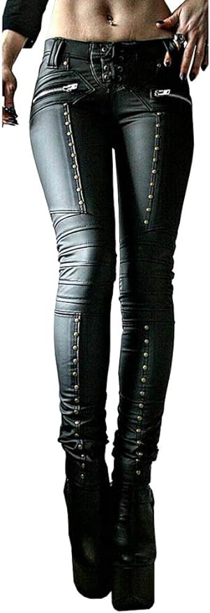 Women's Gothic Punk Faux Leather Pants Lace Up Skinny PU Leather Leggings Rock Club Moto Legging Trousers Amazon