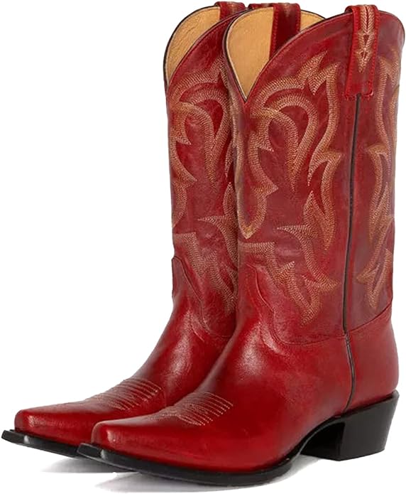 Red Yolkomo Western Cowboy Boots for Women Wide Calf Low Heel Distressed Cowgirl Boots from Amazon