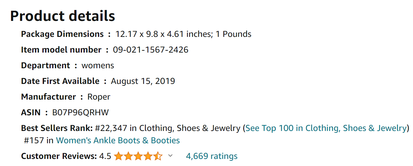 ROPER Women’s Short Stuff Embroidery Snip Toe Ankle Boot from Amazon Excerpts from Reviews (screenshot taken on 2024-1-29)