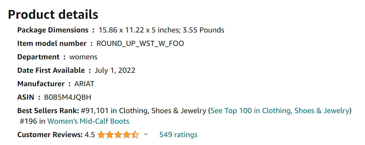 Ariat Women’s Round Up Wide Square Toe Western Boot from Amazon Excerpts from Reviews (screenshot taken on 2024-1-29)