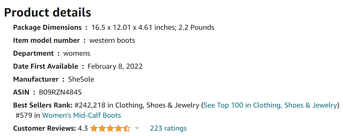 SheSole Women’s Cowboy Cowgirl Boots Mid Calf Western Country Riding Work Boots from Amazon Excerpts from Reviews (screenshot taken on 2024-1-29)