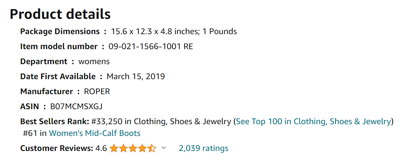 ROPER Women’s Riley Scroll Boot from Amazon Excerpts from Reviews (screenshot taken on 2024-1-29)