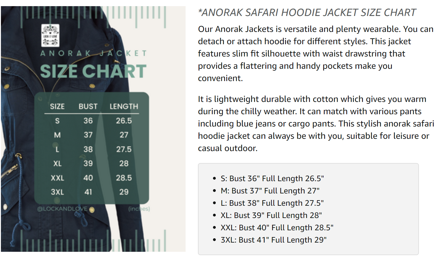 Lock and Love Women's Casual Military Anorak Jacket - Lightweight Detachable Hooded Safari Utility SIZE CHART from Amazon