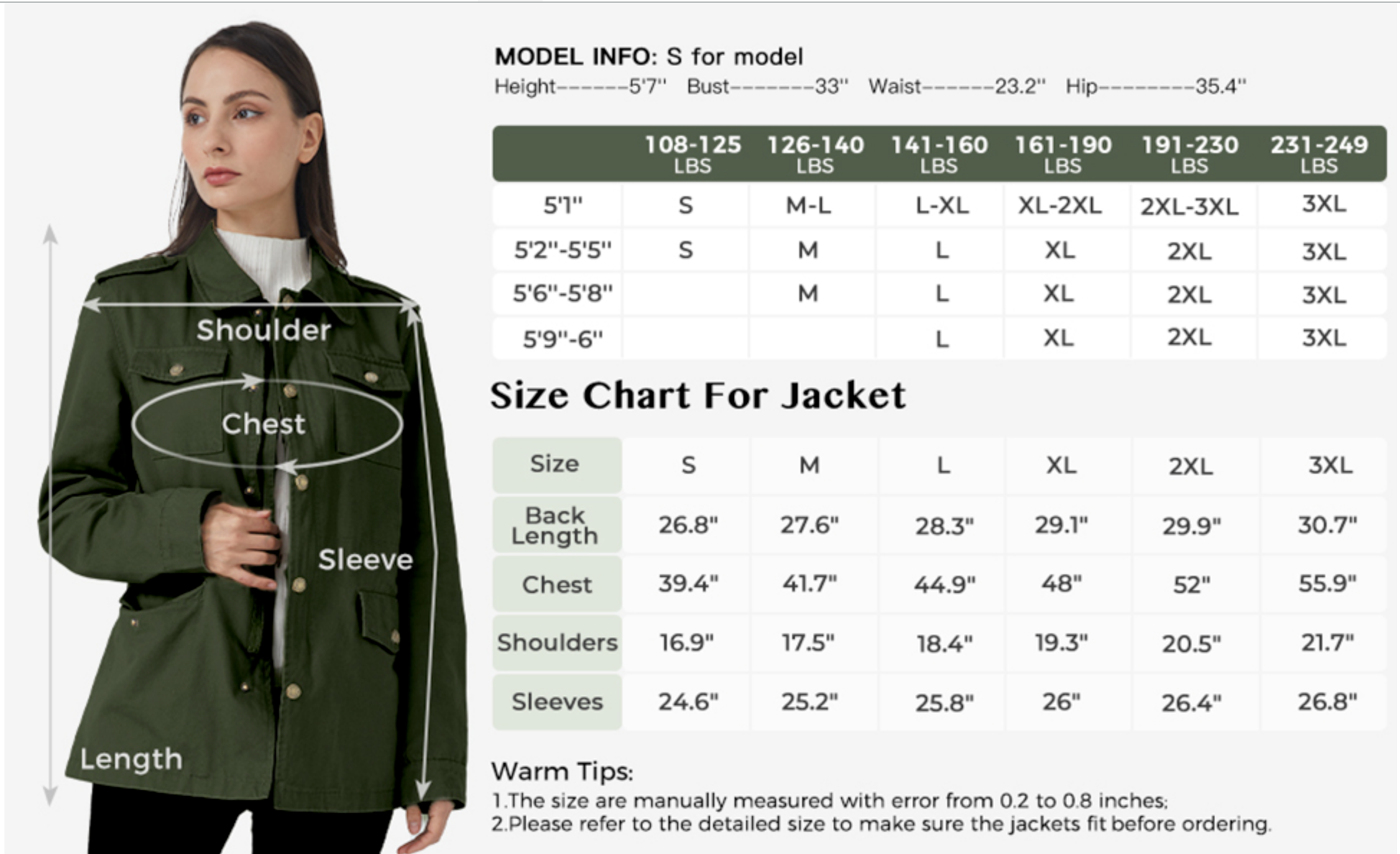 WenVen Women's Lightweight Canvas Cotton Military Jacket Utility Lapel Anorak from Amazon Size Chart