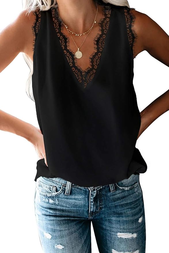 BLENCOT Women Lace Trim Tank Tops V Neck Fashion Casual Sleeveless Blouse Vest Shirts from Amazon