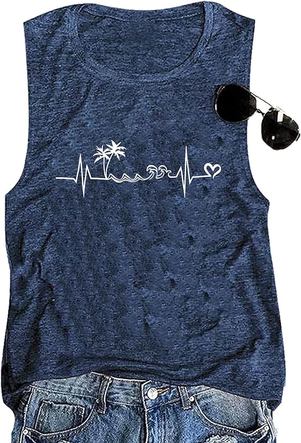 Beach Heartbeat Tank Tops for Women Hawaiian Vacation Sleeveless Shirts Palm Tree Graphic Print Muscle T Shirt from Amazon