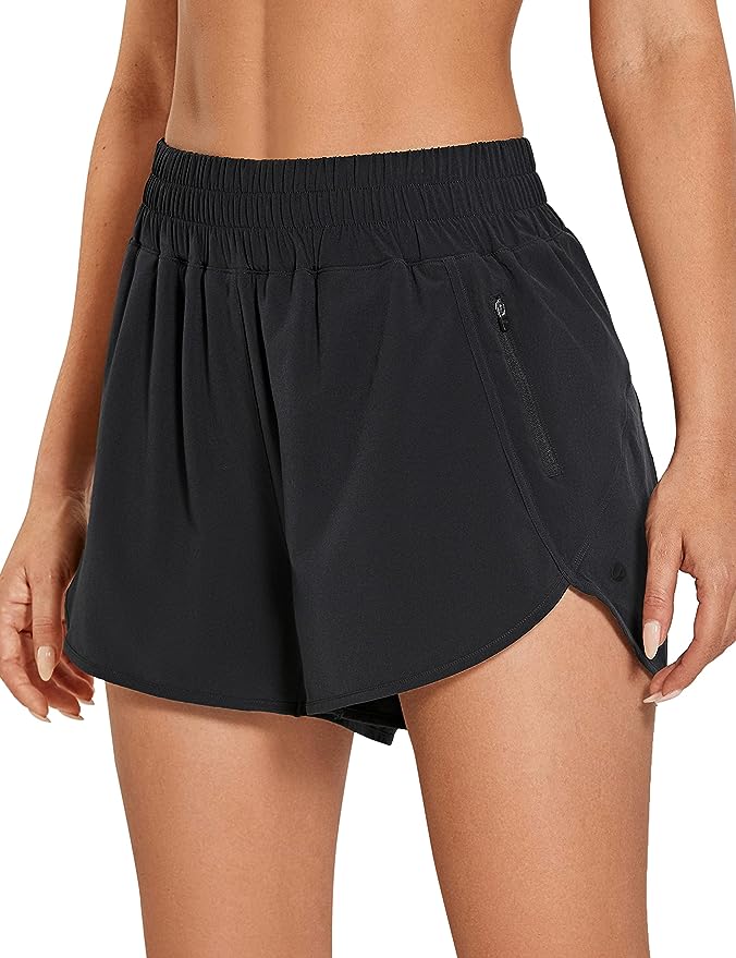 CRZ YOGA Women's High Waisted Running Shorts Mesh Liner - 3'' Dolphin Quick Dry Athletic Gym Track Workout Shorts Zip Pocket front from Amazon