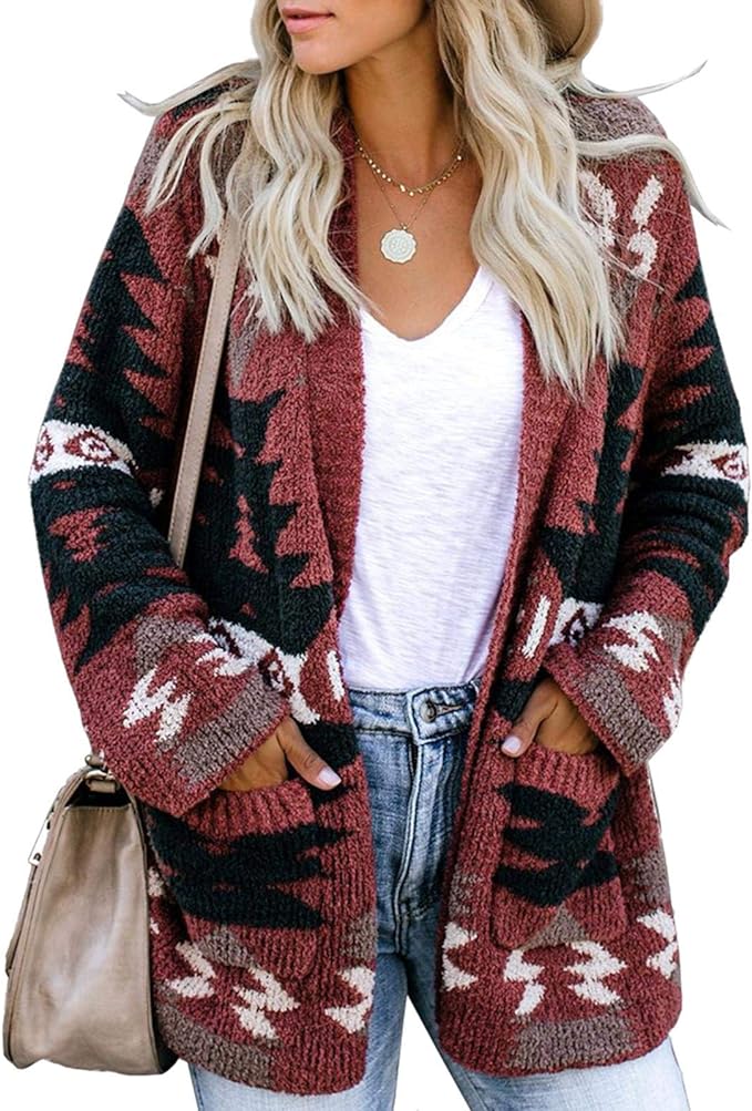 FERBIA Women Boho Cardigan Aztec Open Front Loose Slouchy Sweaters Tribal Long Sleeve Knitted Christmas Jacket Coat front from Amazon