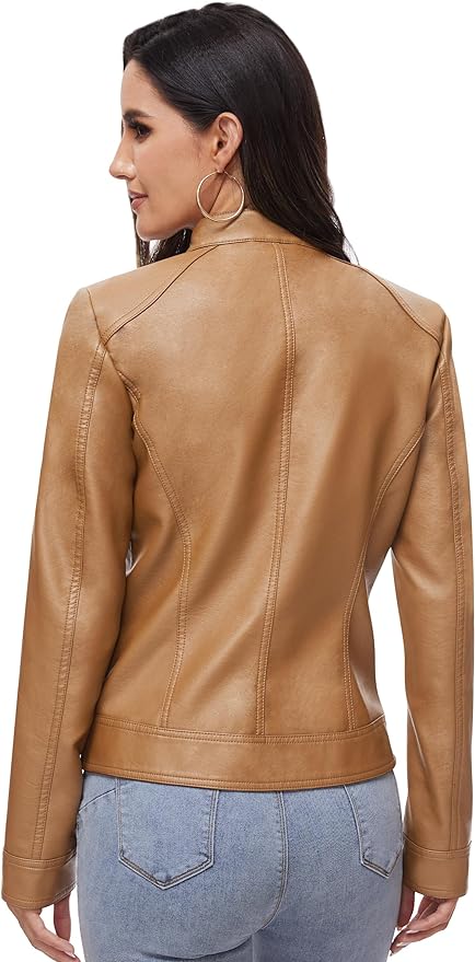 Fahsyee Stand Collar Faux Leather Jackets for Women Zip Up Motorcycle Short PU Moto Biker Outwear Coat back side from Amazon