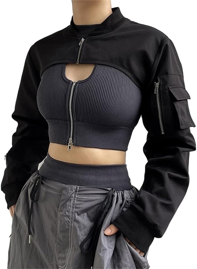 Goth Crop Top for Women 80s Emo Alt Punk Jacket Coat Black front from Amazon