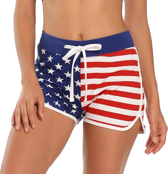 HDE Women's Retro Fashion Dolphin American Flag Print Running Workout Shorts front from Amazon