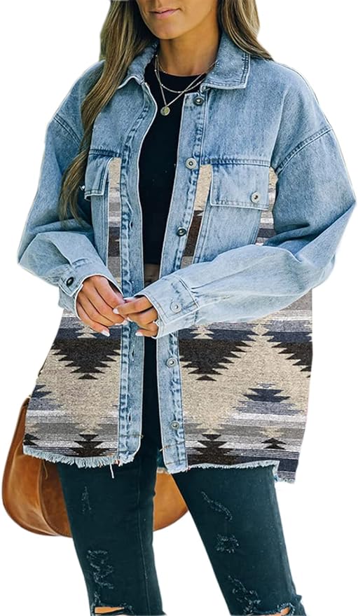 Haellun Women's Aztec Shacket Distressed Lapel Long Sleeve Button Down Jean Denim Jacket Coat front from Amazon