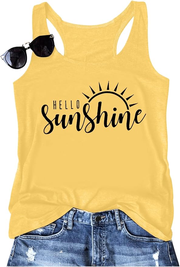 Hello Sunshine Tank Tops for Women Summer Sleeveless Graphic Print T Shirt Nature Shirt Vacation Shirt from Amazon
