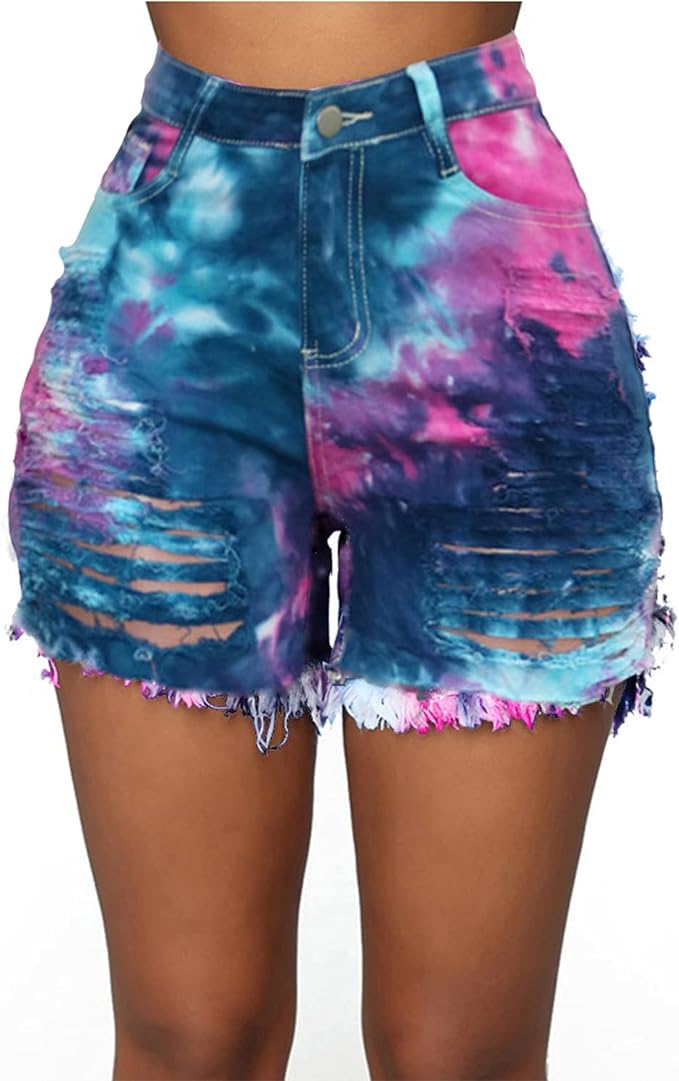 JTNFairy Women's Ripped Denim Shorts Mid Rise Frayed Skinny Casual Summer Jeans Tie-Dye front from Amazon