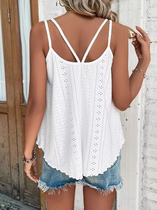 KKJ Womens Fashion Tank Tops Eyelet Embroidery Sleeveless Camisole Scoop Neck Loose Casual 2024 Summer Clothes Flowy Shirts back side from Amazon