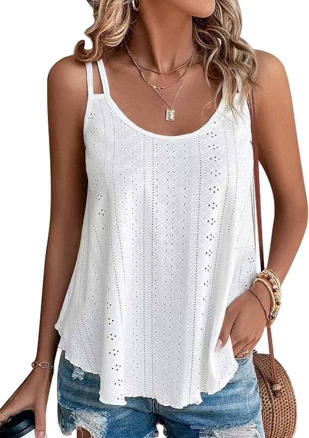 KKJ Womens Fashion Tank Tops Eyelet Embroidery Sleeveless Camisole Scoop Neck Loose Casual 2024 Summer Clothes Flowy Shirts from Amazon