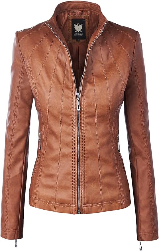 Lock and Love Women's Faux leather Motocycle Biker Jacket Coat front from Amazon
