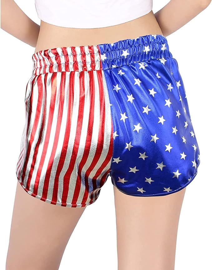 MAKARTHY Women's American Flag Metallic Shorts Elastic Waist Shiny Sparkly Rave Pants back side from Amazon