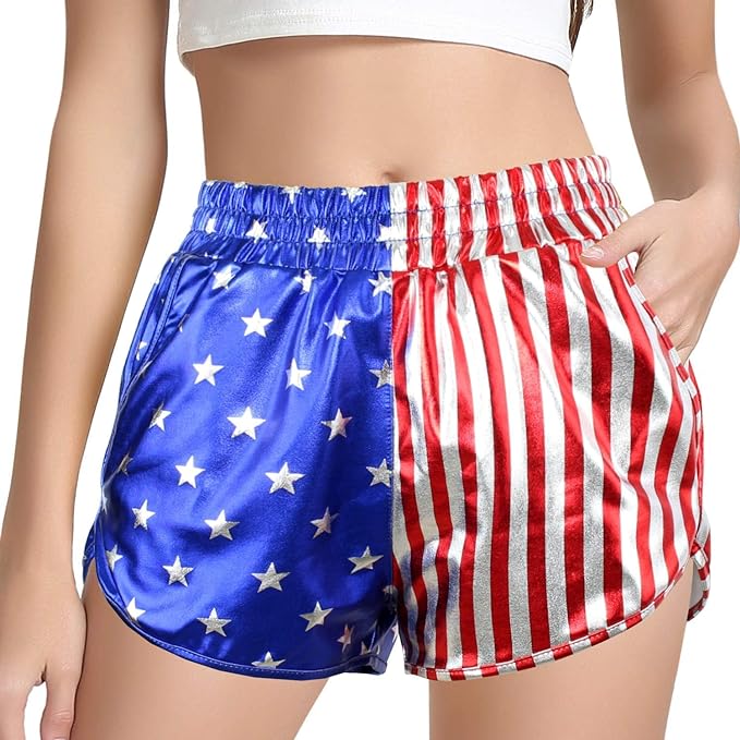 MAKARTHY Women's American Flag Metallic Shorts Elastic Waist Shiny Sparkly Rave Pants front from Amazon
