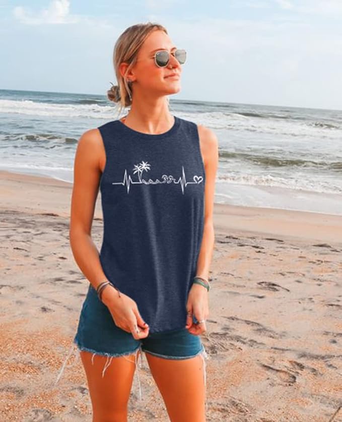 Model with Beach Heartbeat Tank Tops for Women Hawaiian Vacation Sleeveless Shirts Palm Tree Graphic Print Muscle T Shirt from Amazon