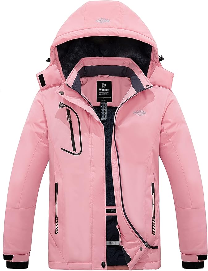 Pink wantdo Women's Mountain Waterproof Ski Jacket Windproof Rain Jacket Winter Warm Hooded Coat front from Amazon