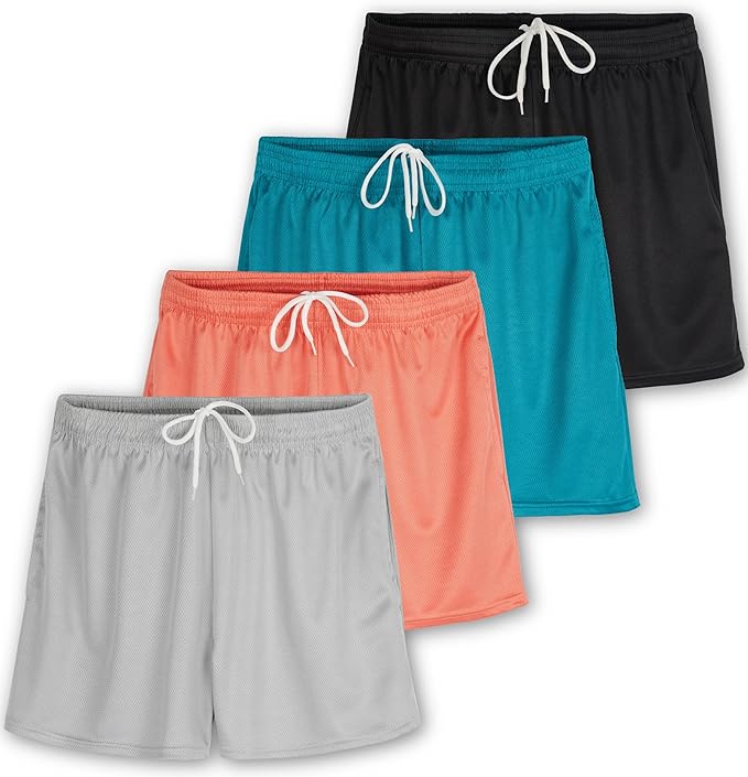 Real Essentials 4 Pack - Womens Active Athletic Performance Mesh Shorts with Pockets  Available in Plus Size from Amazon