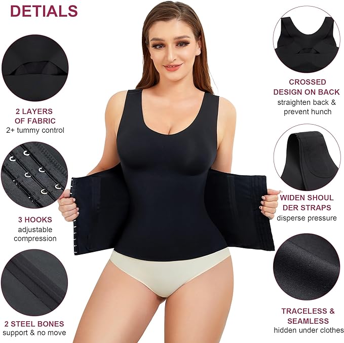 SCARBORO Compression Shapewear Tank Top for Women Tummy Control Camisole Slimming Body Shaper Waist Trainer Cami Seamless details from Amazon