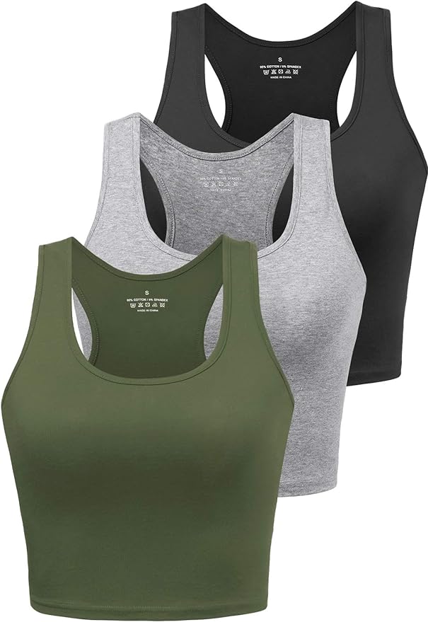 Sports Crop Tank Tops for Women Cropped Workout Tops Racerback Running Yoga Tanks Cotton Sleeveless Gym Shirts 3 Pack from Amazon