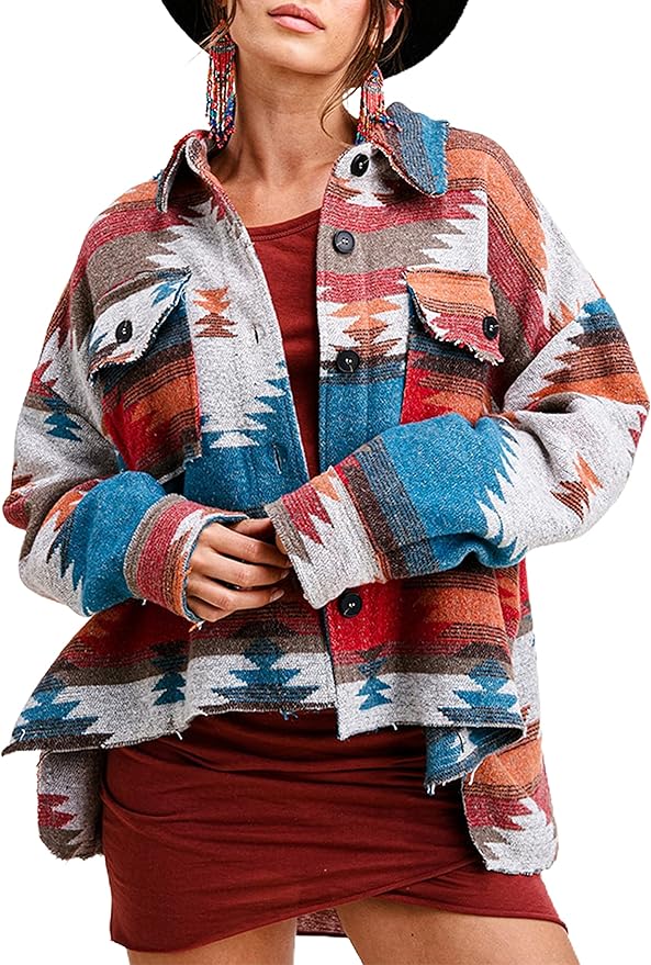 Springrain Womens Aztec Jacket Shacket Vintage Boho Woolen Button Down Denim Jacket Coat with Pockets front from Amazon