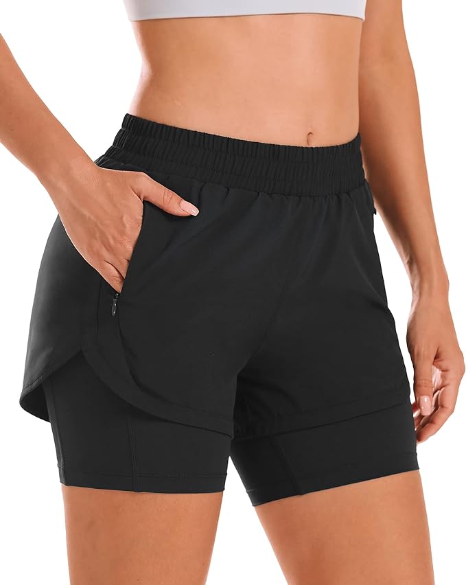 Stelle Women 2 in 1 Running Shorts High Waisted Athletic Shorts Gym Workout Shorts with Liner Zipper Pockets front from Amazon