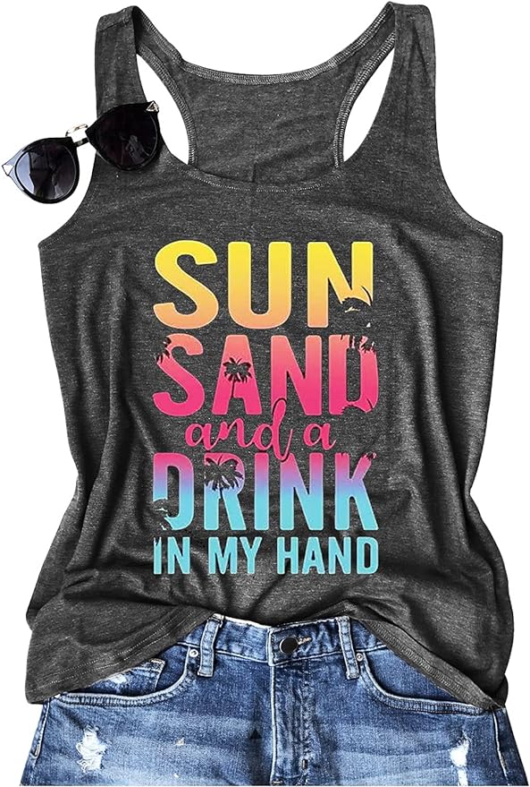 Sun Sand and A Drink in My Hand Tank Tops Womens Summer Beach Graphic Sleeveless T Shirt Cute Country Vacation Tank Cami from Amazon