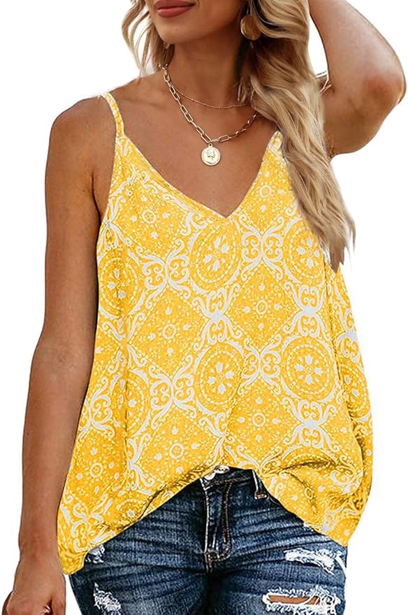 TECREW Women's Boho Floral V Neck Spaghetti Straps Tank Top Summer Sleeveless Shirts Blouse from Amazon