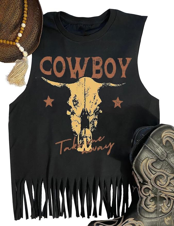 Take Me Away Western Tanks Top Women Country Music Cowboy Cattle Skull Vest Tee Vintage Sleeveless Tanks from Amazon