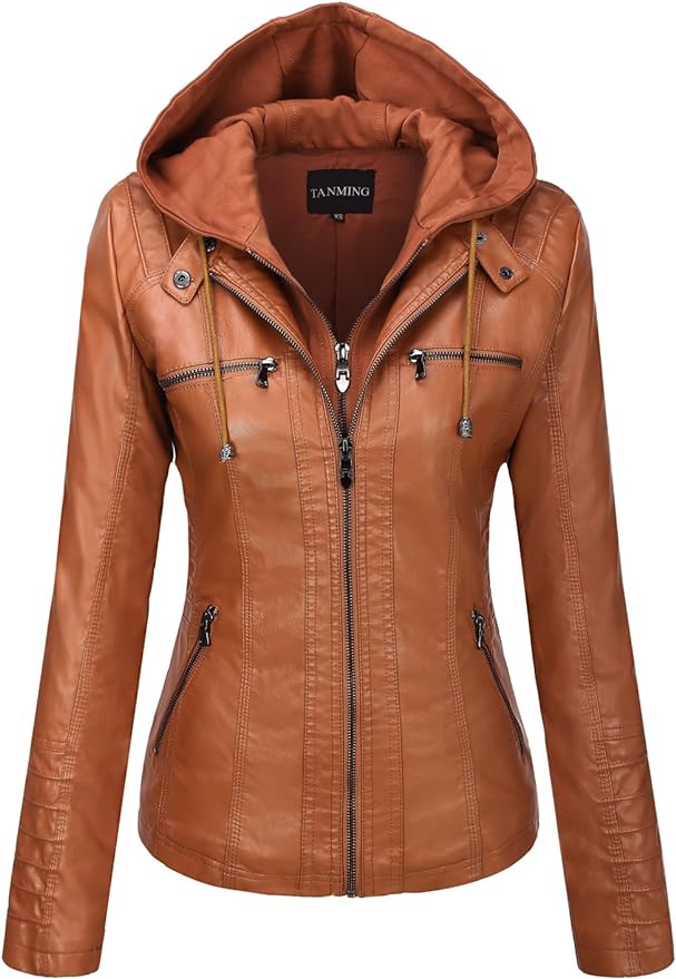 Tanming Women's Removable Hooded Faux Leather Jackets front from Amazon