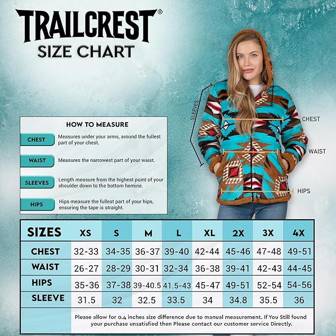 TrailCrest Ladies Smart Plush Sherpa Lined Hooded Sweater Jacket, Zip Up Classic Size Chart from Amazon